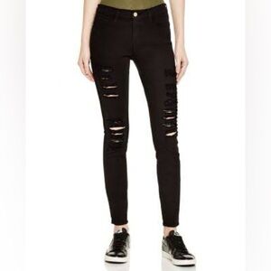 FRAME | Le Skinny de Jeanne Black Distressed Ripped Skinny Jeans in ‘Film Noir’